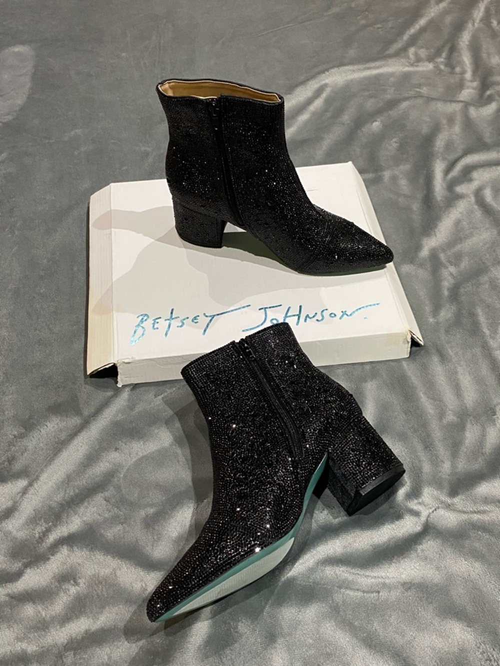 Betsey Johnson Black Glitter Pointed Ankle Boots